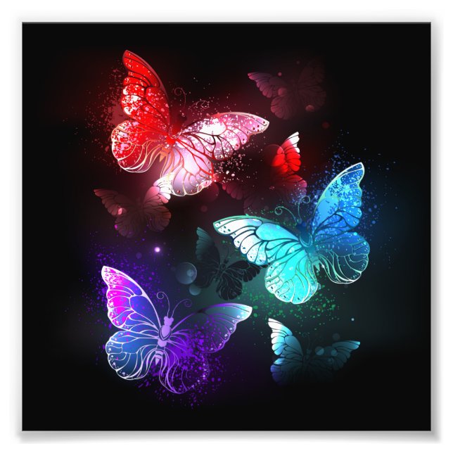 Three Glowing Butterflies on night background Photo Print (Front)