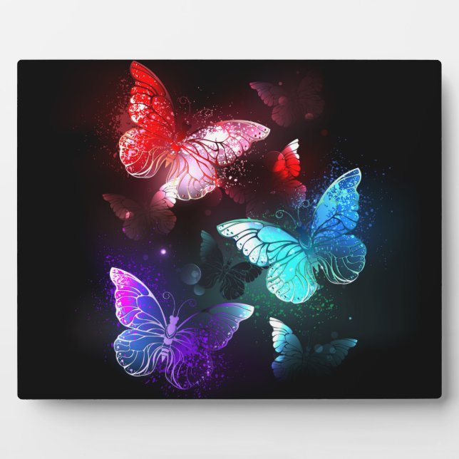 Three Glowing Butterflies on night background Plaque (Front)