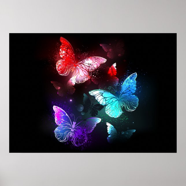 Three Glowing Butterflies on night background Poster (Front)