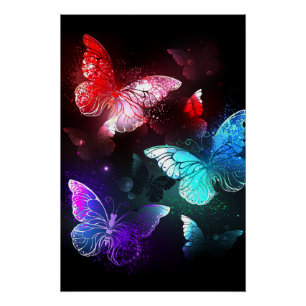 Three Glowing Butterflies on night background Poster