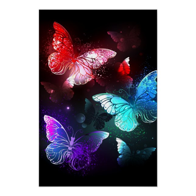 Three Glowing Butterflies on night background Poster (Front)