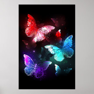 Three Glowing Butterflies on night background Poster