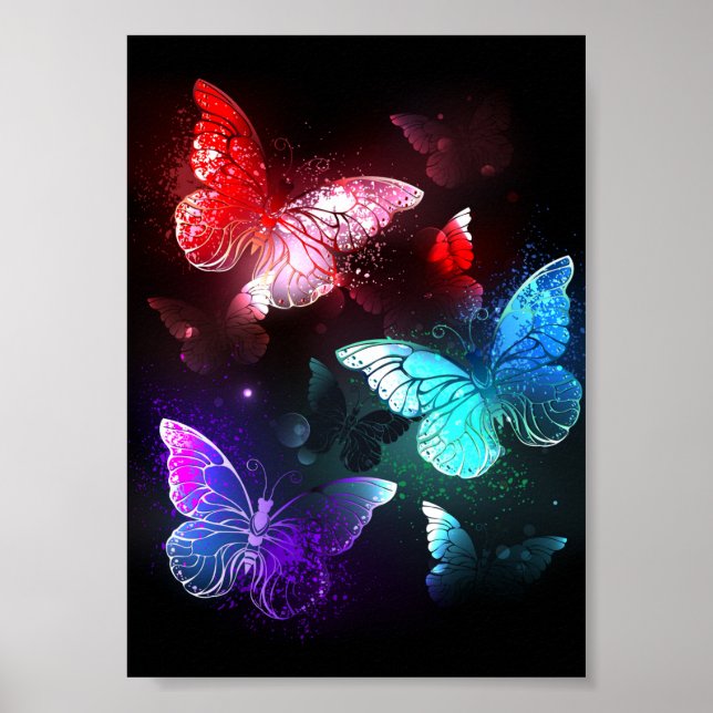 Three Glowing Butterflies on night background Poster (Front)