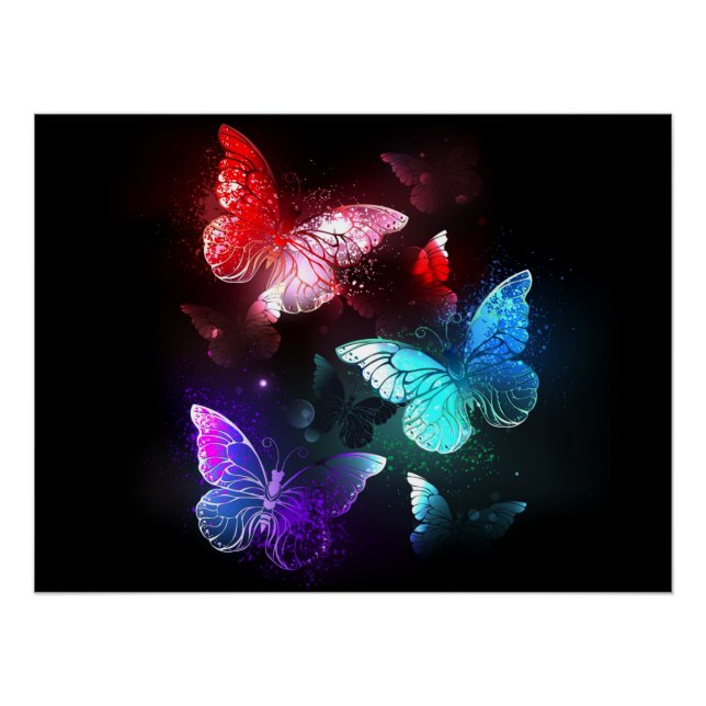 Three Glowing Butterflies on night background Poster (Front)