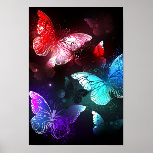 Three Glowing Butterflies on night background Poster
