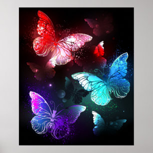 Three Glowing Butterflies on night background Poster
