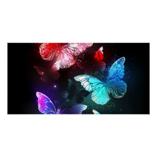 Three Glowing Butterflies on night background Poster