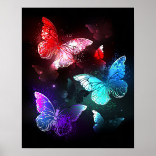 Three Glowing Butterflies on night background Poster