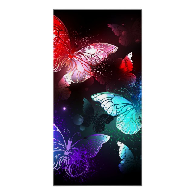 Three Glowing Butterflies on night background Poster (Front)