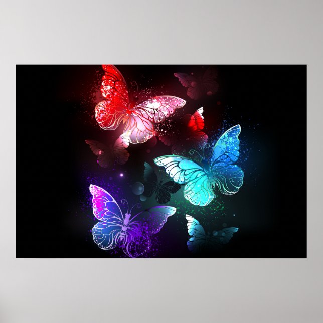 Three Glowing Butterflies on night background Poster (Front)