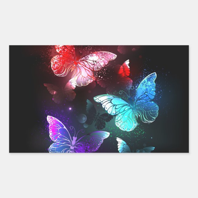 Three Glowing Butterflies on night background Rectangular Sticker (Front)