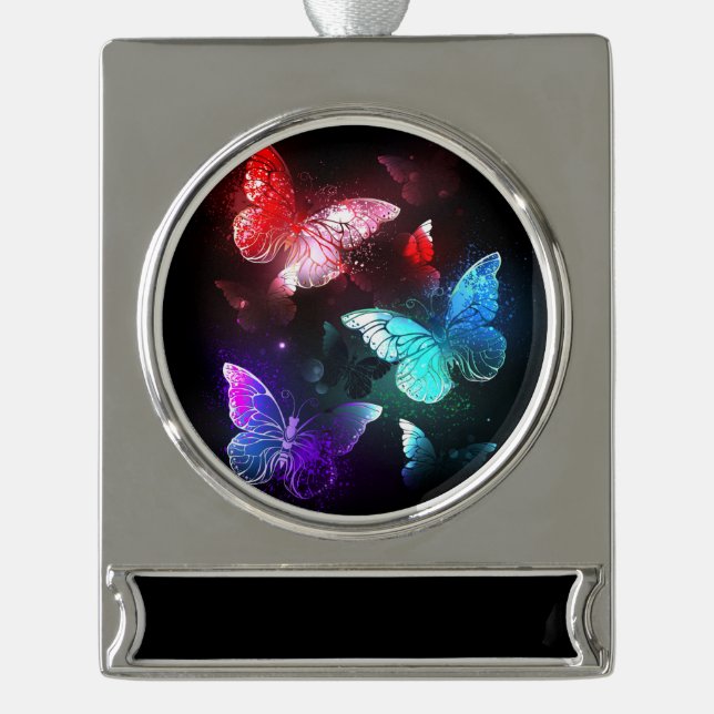 Three Glowing Butterflies on night background Silver Plated Banner Ornament (Front)