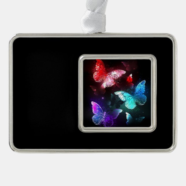 Three Glowing Butterflies on night background Silver Plated Framed Ornament (Front)