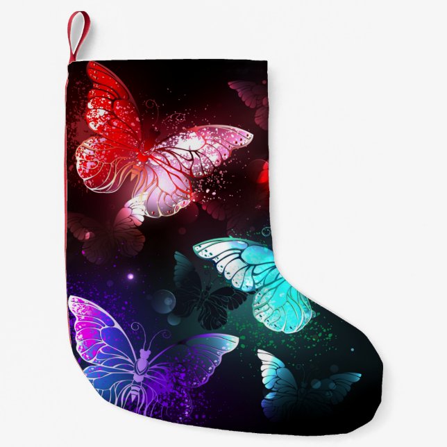 Three Glowing Butterflies on night background Small Christmas Stocking (Front)