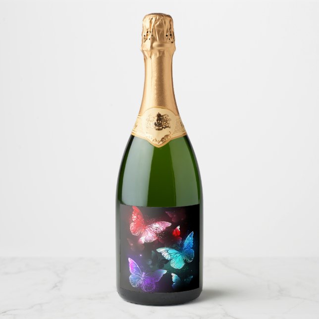 Three Glowing Butterflies on night background Sparkling Wine Label (Front)