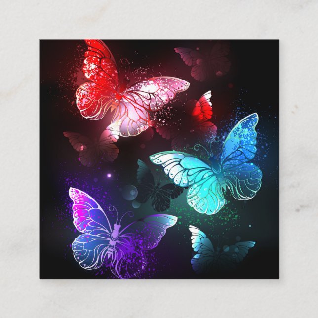Three Glowing Butterflies on night background Square Business Card (Front)