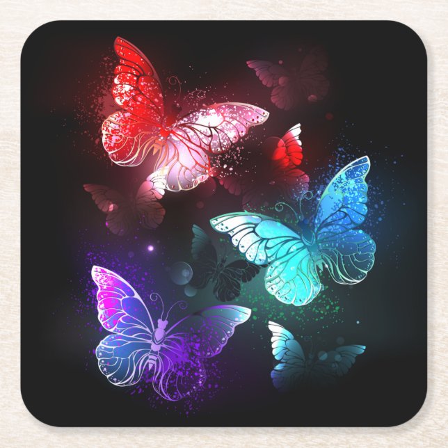Three Glowing Butterflies on night background Square Paper Coaster (Front)