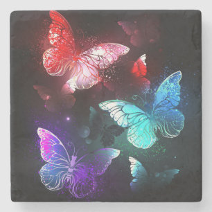 Three Glowing Butterflies on night background Stone Coaster