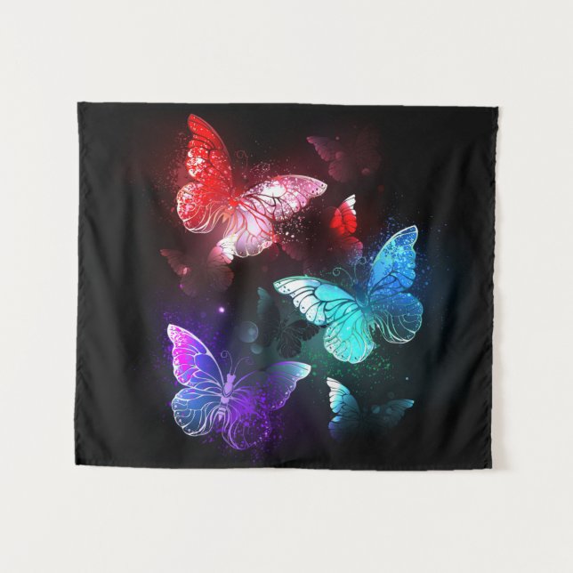 Three Glowing Butterflies on night background Tapestry (Front (Horizontal))