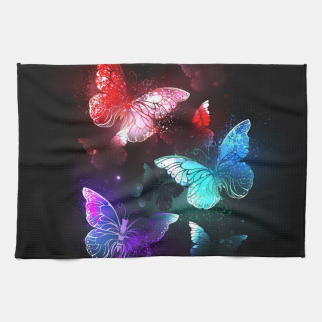Three Glowing Butterflies on night background Tea Towel (Horizontal)