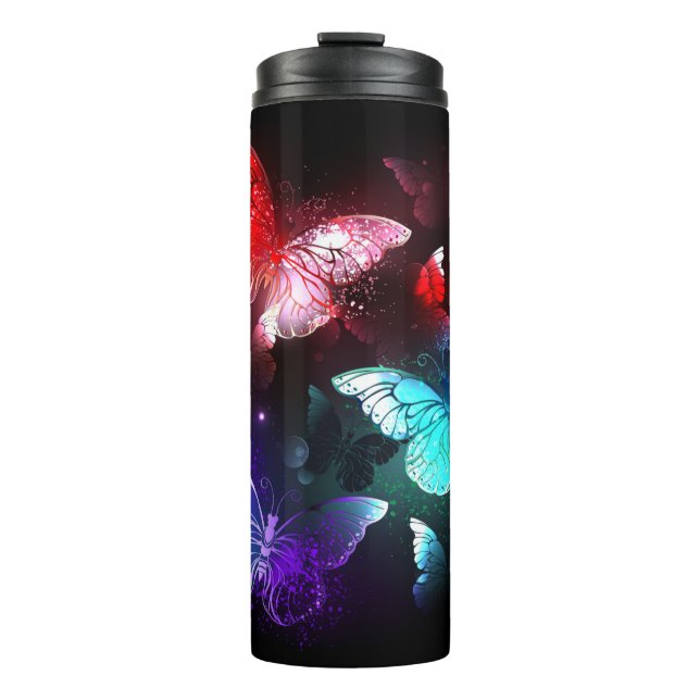 Three Glowing Butterflies on night background Thermal Tumbler (Front)