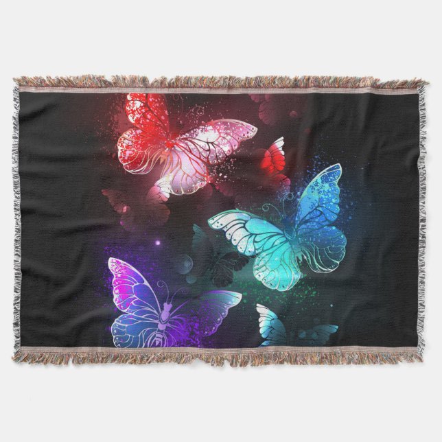 Three Glowing Butterflies on night background Throw Blanket (Front)