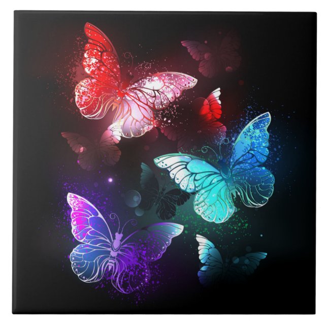Three Glowing Butterflies on night background Tile (Front)