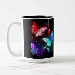 Three Glowing Butterflies on night background Two-Tone Coffee Mug