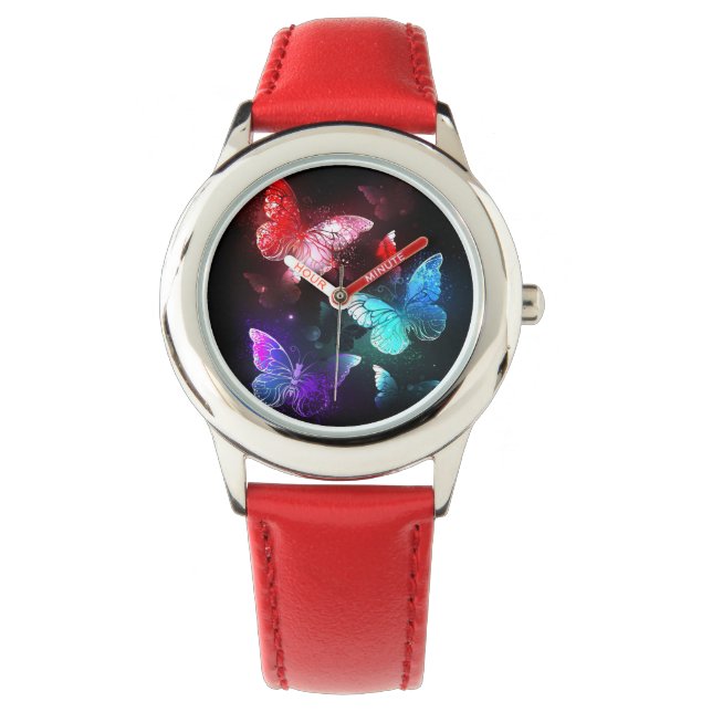 Three Glowing Butterflies on night background Watch (Front)