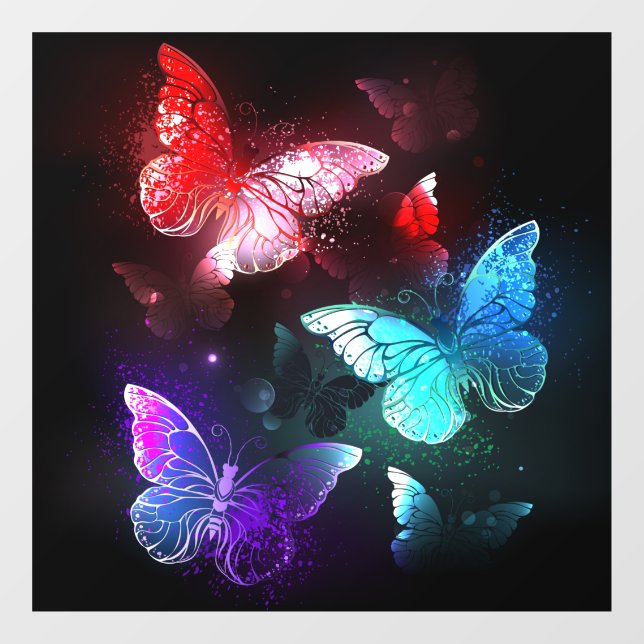 Three Glowing Butterflies on night background Window Cling (Sheet)