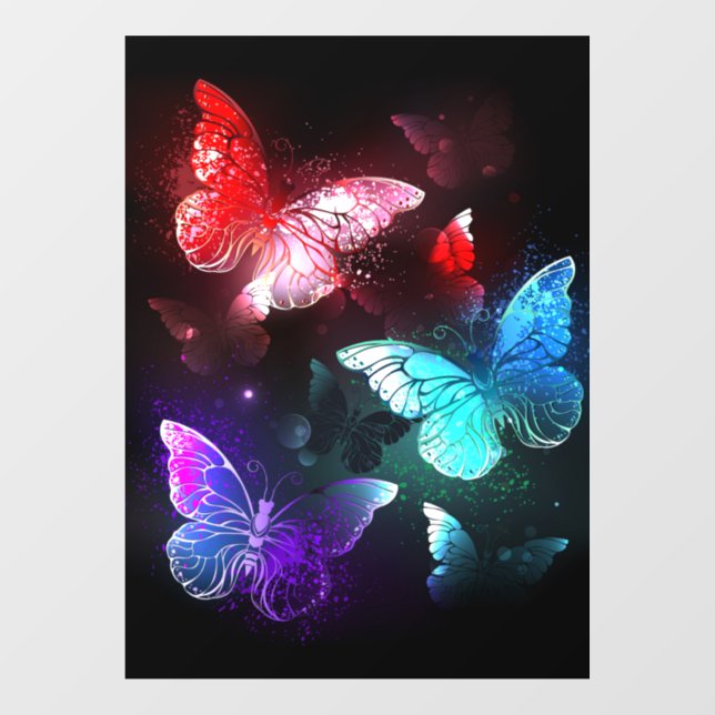 Three Glowing Butterflies on night background Window Cling (Sheet)