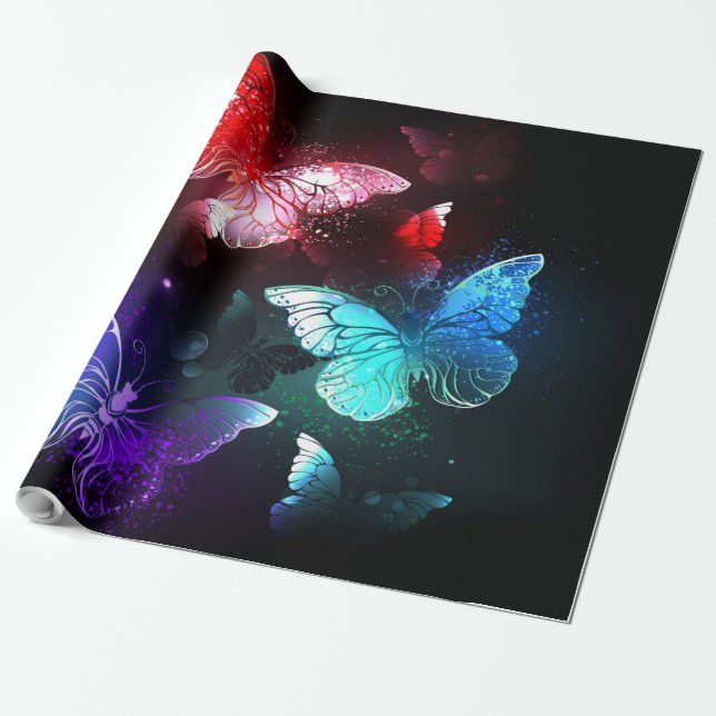 Three Glowing Butterflies on night background Wrapping Paper (Unrolled)