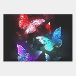 Three Glowing Butterflies on night background Wrapping Paper Sheet
