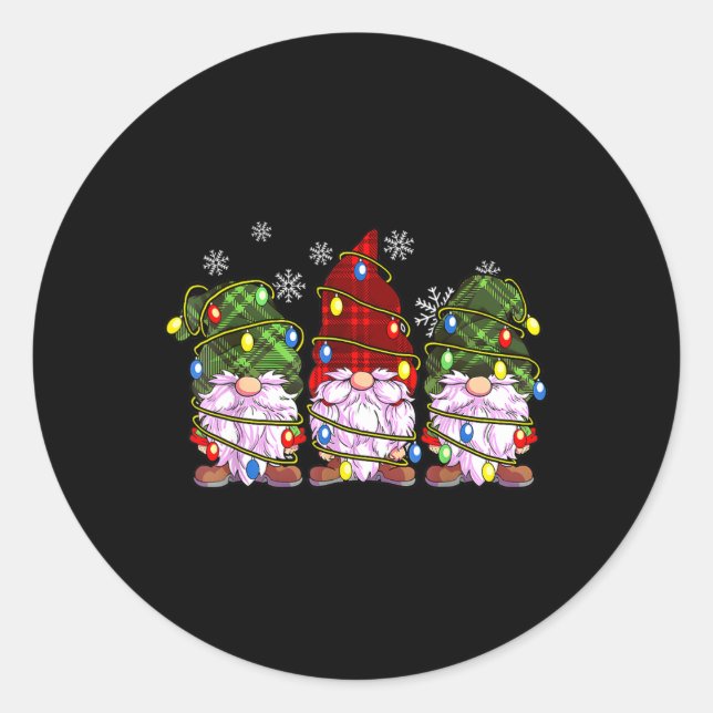 Three Gnomes Buffalo Plaid Red Christmas  Classic Round Sticker (Front)