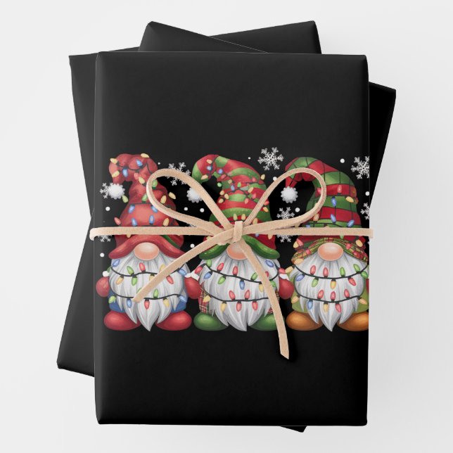 Three Gnomes Buffalo Plaid Red Christmas Wrapping Paper Sheet (In situ)