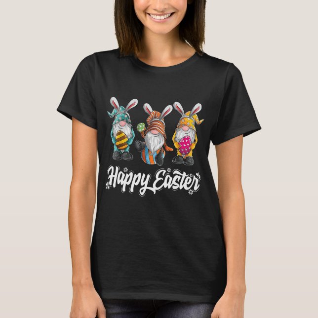 Three Gnomes Bunny Holding Easter Egg Hunting Happ T-Shirt (Front)