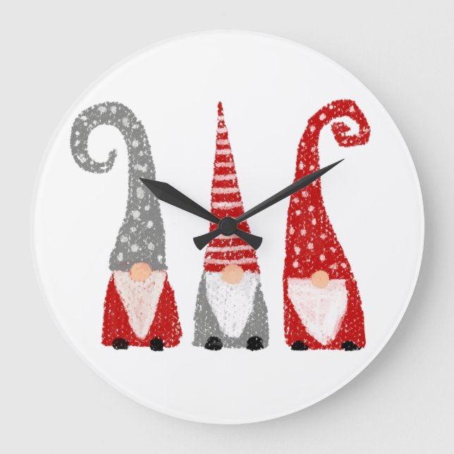 Three Gnomes Christmas Hand Drawn Holiday Decor Large Clock (Front)