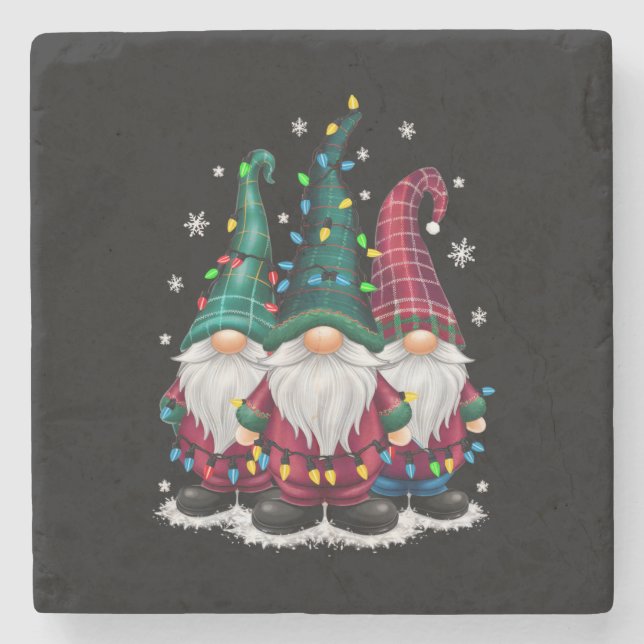 Three Gnomes Christmas Lights Xmas Holiday Stone Coaster (Front)