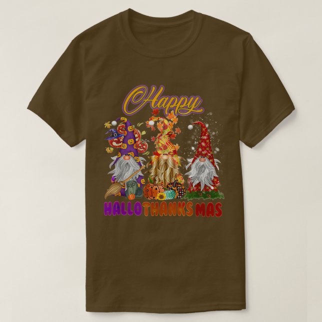 Three Gnomes Happy Halloween Fall Candy Corn Pumpk T-Shirt (Design Front)
