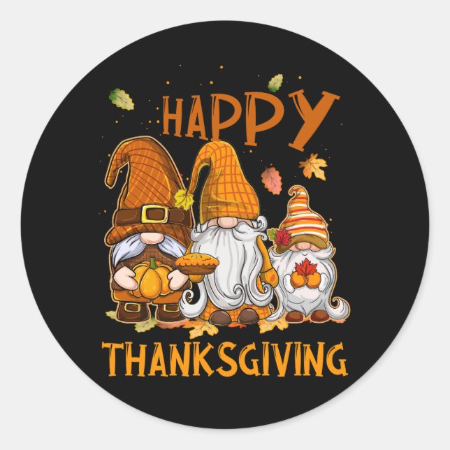 Three Gnomes Happy Thanksgiving Autumn Fall Pumpki Classic Round Sticker (Front)