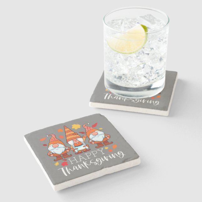 Three Gnomes Happy Thanksgiving Gnomes Fall Gnome Stone Coaster (Side)