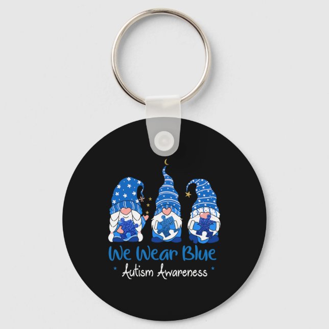 Three Gnomes Holding Blue Puzzle Autism Awareness  Key Ring (Front)