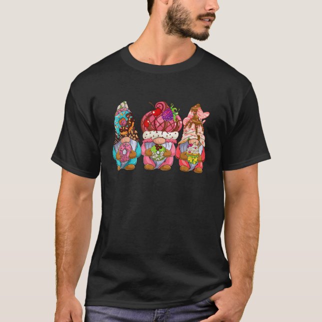 Three Gnomes Holding Doughnuts Cupcakes Costume Ki T-Shirt (Front)