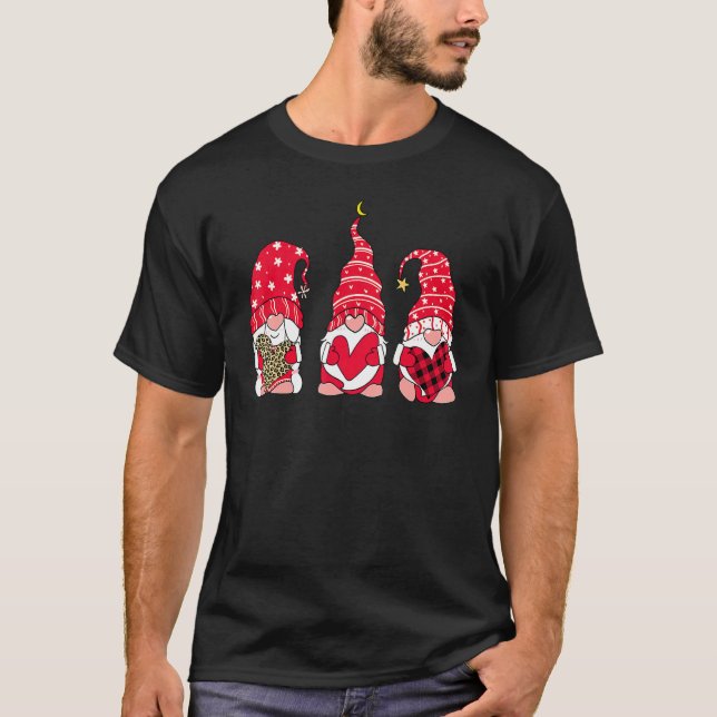 Three Gnomes Holding Heart Leopard Happy Valentine T-Shirt (Front)