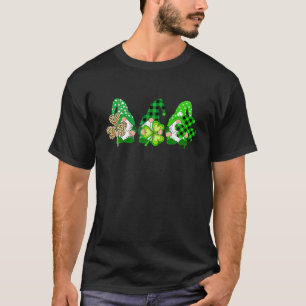 Three Gnomes Holding Plaid Leopard Shamrock St Pat T-Shirt
