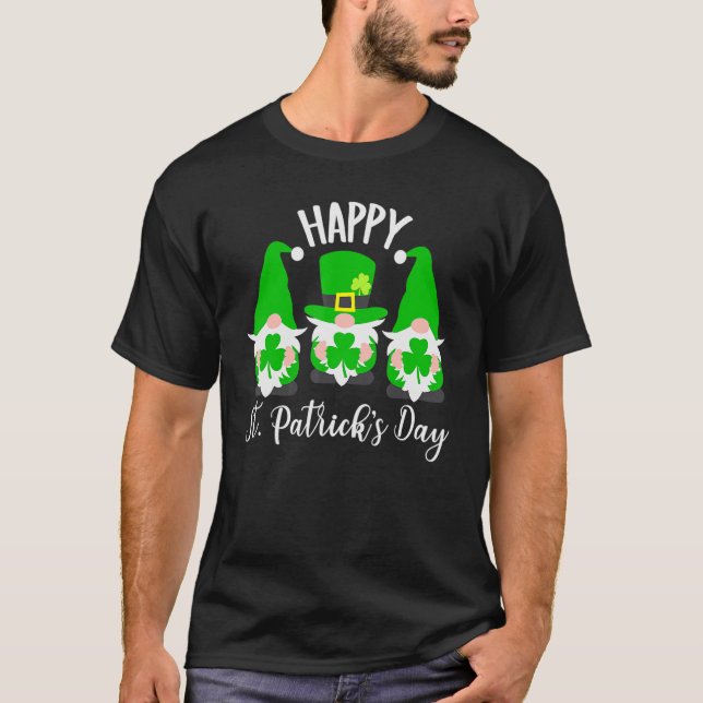 Three Gnomes Holding Shamrock Happy St Patrick's D T-Shirt (Front)