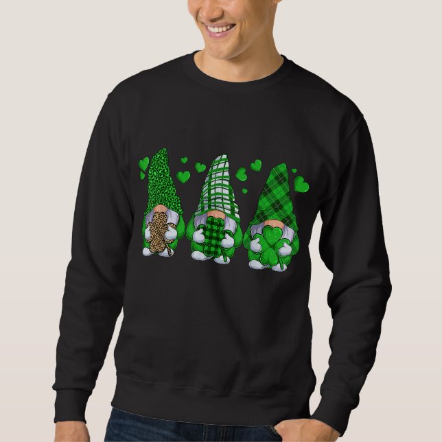 Three Gnomes Holding Shamrock Leopard Plaid St Pat Sweatshirt (Front)