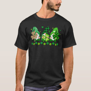 Three Gnomes Holding Shamrock Leopard Plaid St Pat T-Shirt