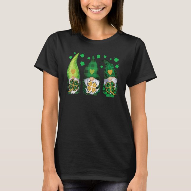 Three Gnomes Holding Shamrock Leopard Plaid St Pat T-Shirt (Front)