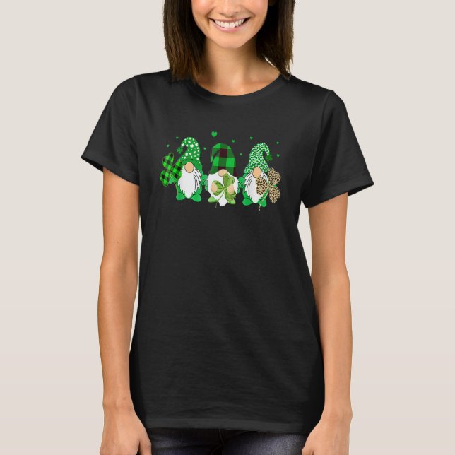 Three Gnomes Holding Shamrock Leopard Plaid St Pat T-Shirt (Front)